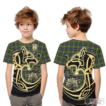 Ferguson Modern Tartan Kid T-Shirt with Family Crest Celtic Wolf Style