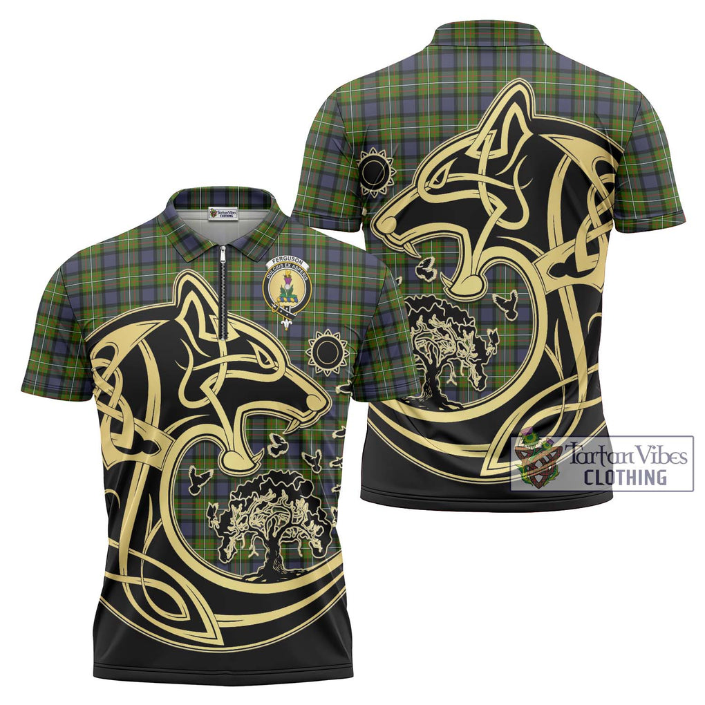 Ferguson Modern Tartan Zipper Polo Shirt with Family Crest Celtic Wolf Style Unisex - Tartanvibesclothing Shop