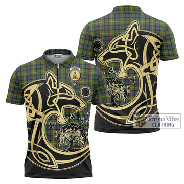 Ferguson Modern Tartan Zipper Polo Shirt with Family Crest Celtic Wolf Style