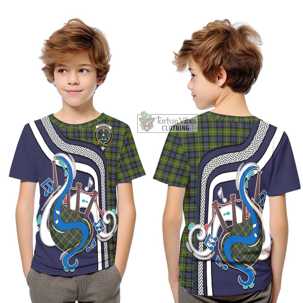 Tartan Vibes Clothing Ferguson Modern Tartan Kid T-Shirt with Epic Bagpipe Style