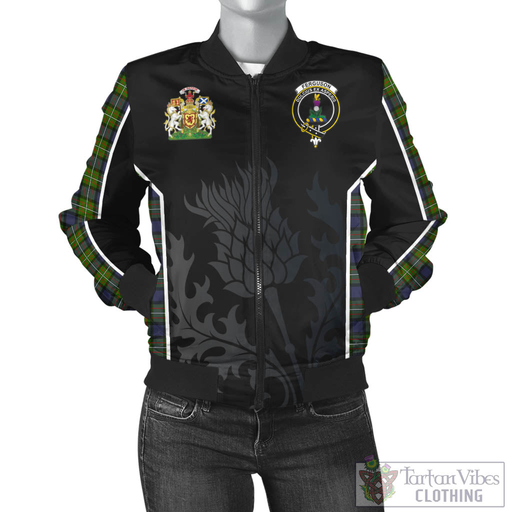 Tartan Vibes Clothing Ferguson Modern Tartan Bomber Jacket with Family Crest and Scottish Thistle Vibes Sport Style