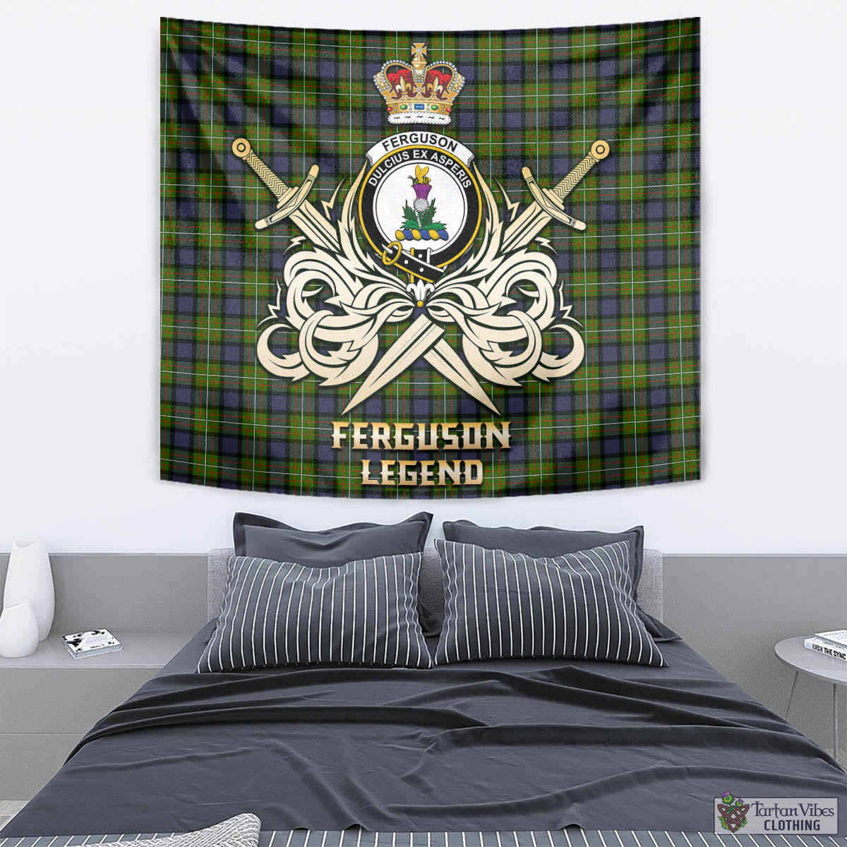 Tartan Vibes Clothing Ferguson Modern Tartan Tapestry with Clan Crest and the Golden Sword of Courageous Legacy