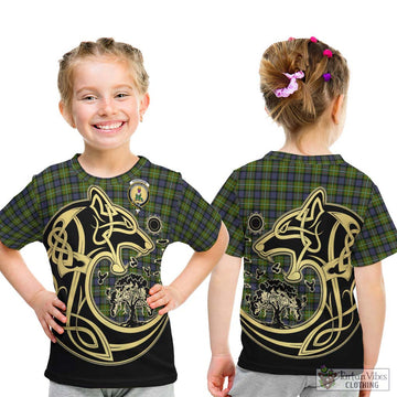 Ferguson Modern Tartan Kid T-Shirt with Family Crest Celtic Wolf Style