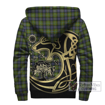 Ferguson Modern Tartan Sherpa Hoodie with Family Crest Celtic Wolf Style