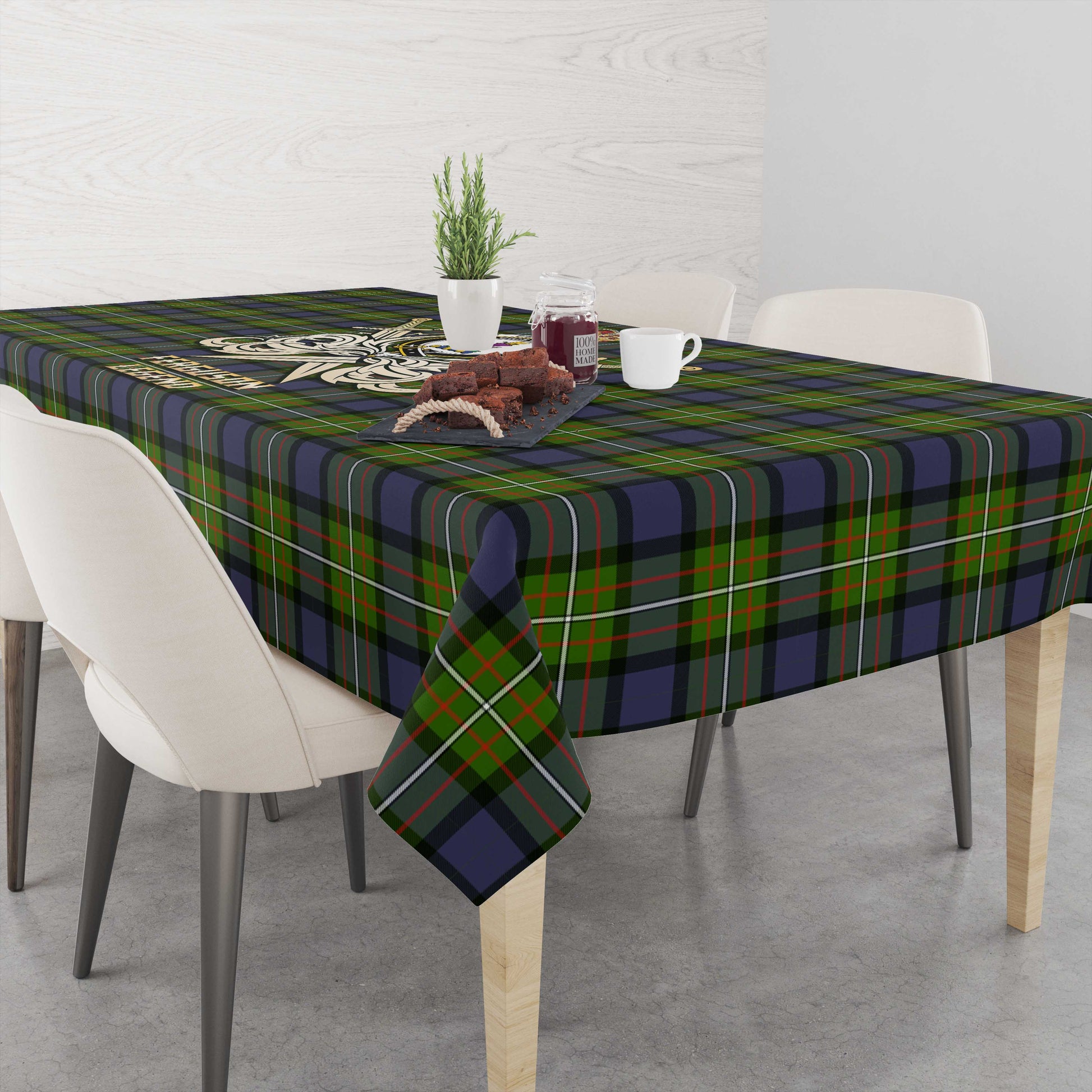 Tartan Vibes Clothing Ferguson Modern Tartan Tablecloth with Clan Crest and the Golden Sword of Courageous Legacy