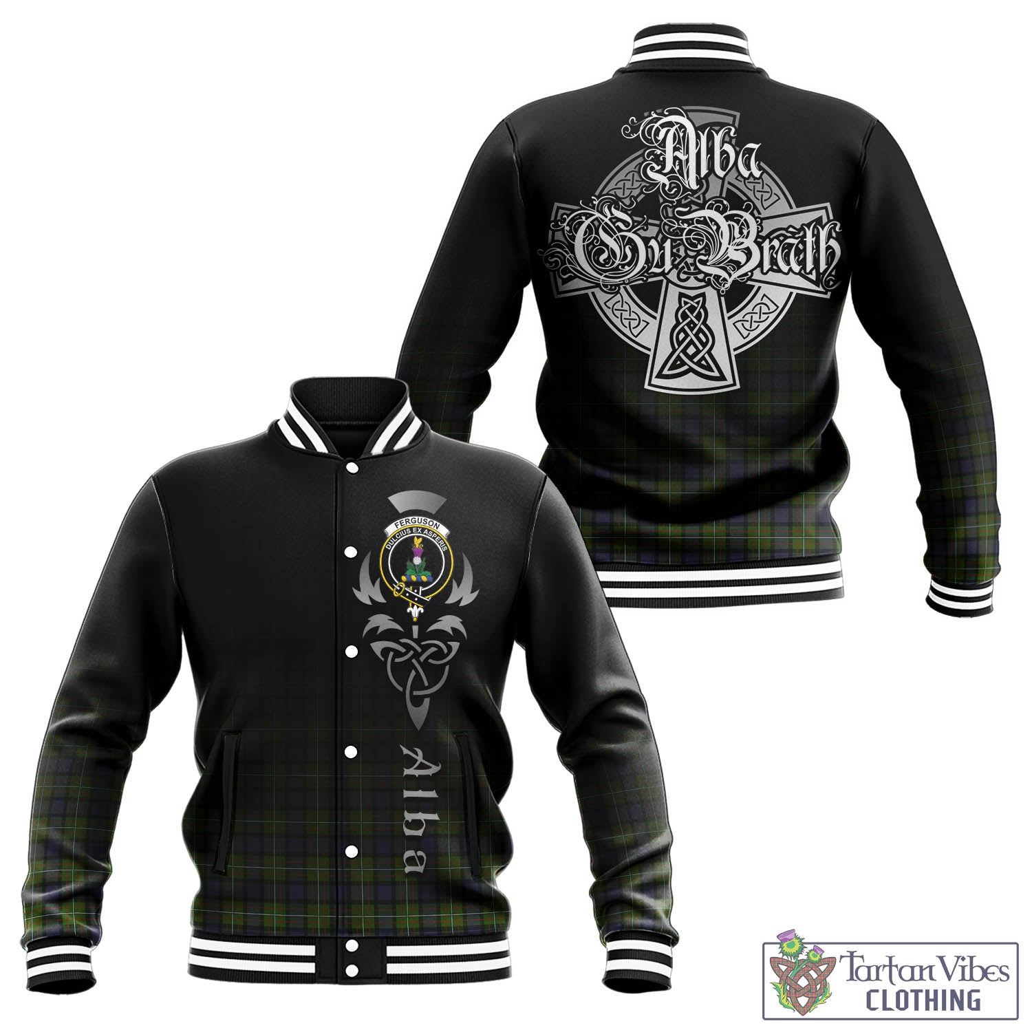 Tartan Vibes Clothing Ferguson Modern Tartan Baseball Jacket Featuring Alba Gu Brath Family Crest Celtic Inspired