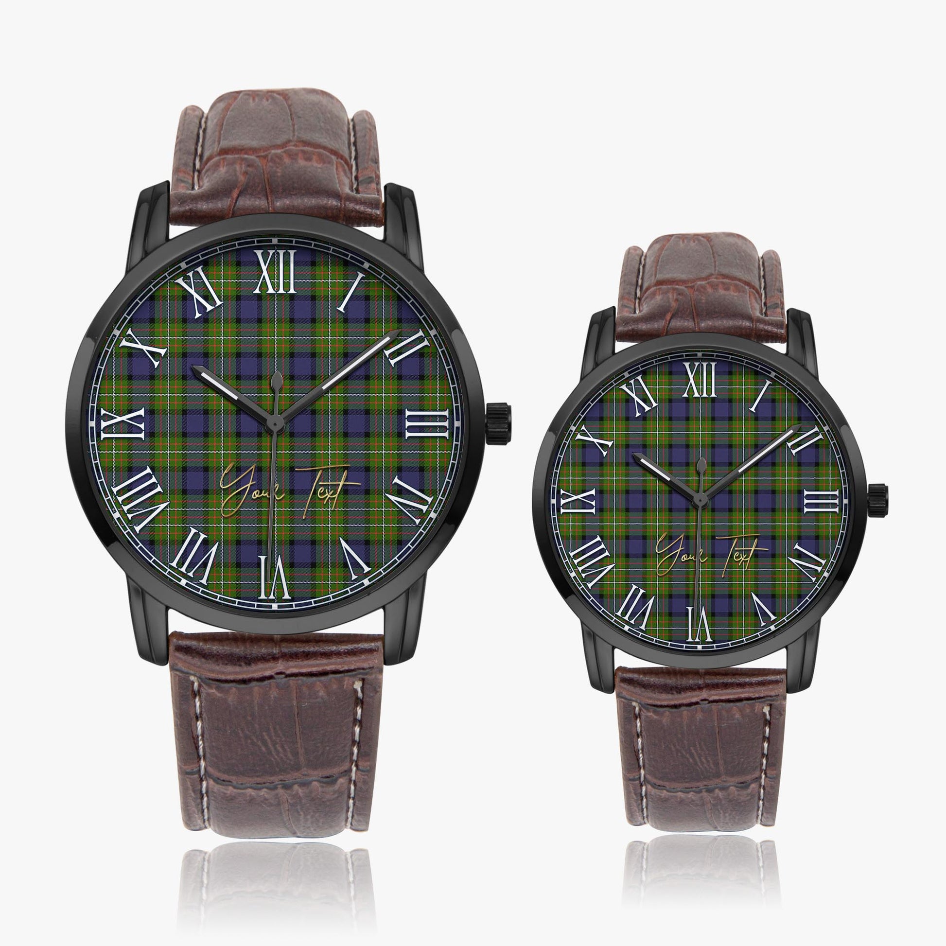 Ferguson Modern Tartan Personalized Your Text Leather Trap Quartz Watch Wide Type Black Case With Brown Leather Strap - Tartanvibesclothing