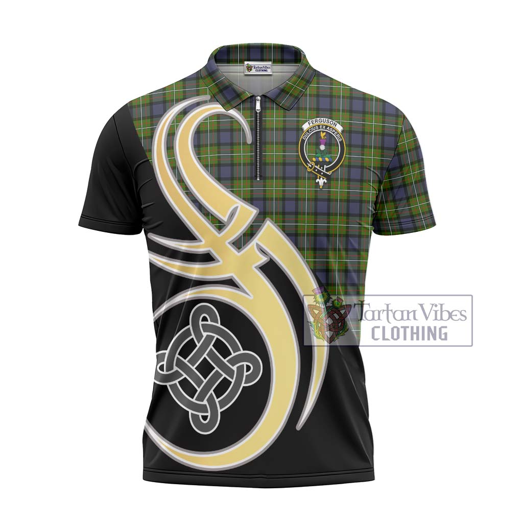 Tartan Vibes Clothing Ferguson Modern Tartan Zipper Polo Shirt with Family Crest and Celtic Symbol Style