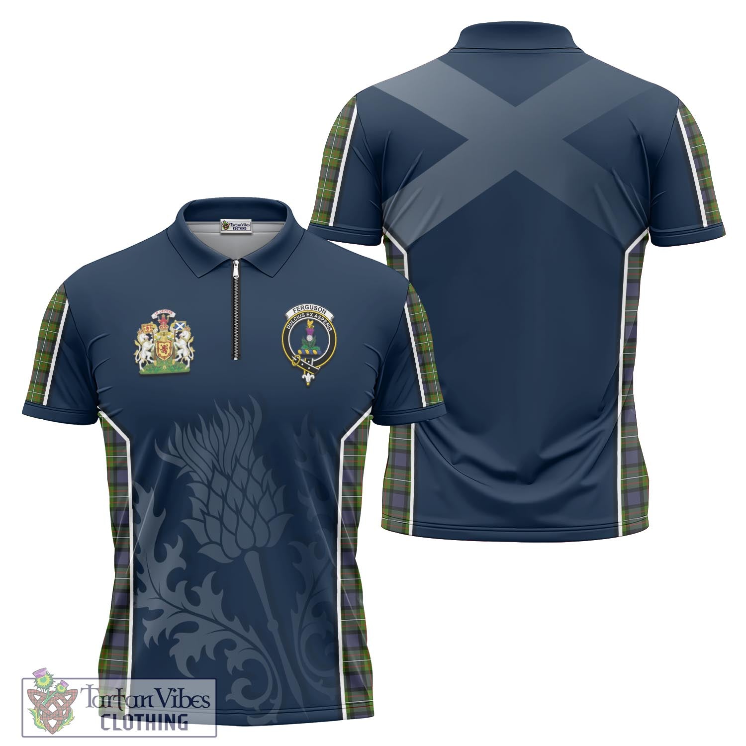 Tartan Vibes Clothing Ferguson Modern Tartan Zipper Polo Shirt with Family Crest and Scottish Thistle Vibes Sport Style