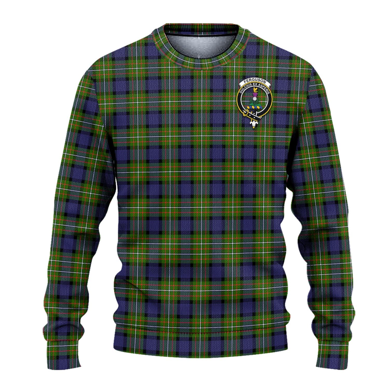 Ferguson Modern Tartan Knitted Sweater with Family Crest - Tartanvibesclothing