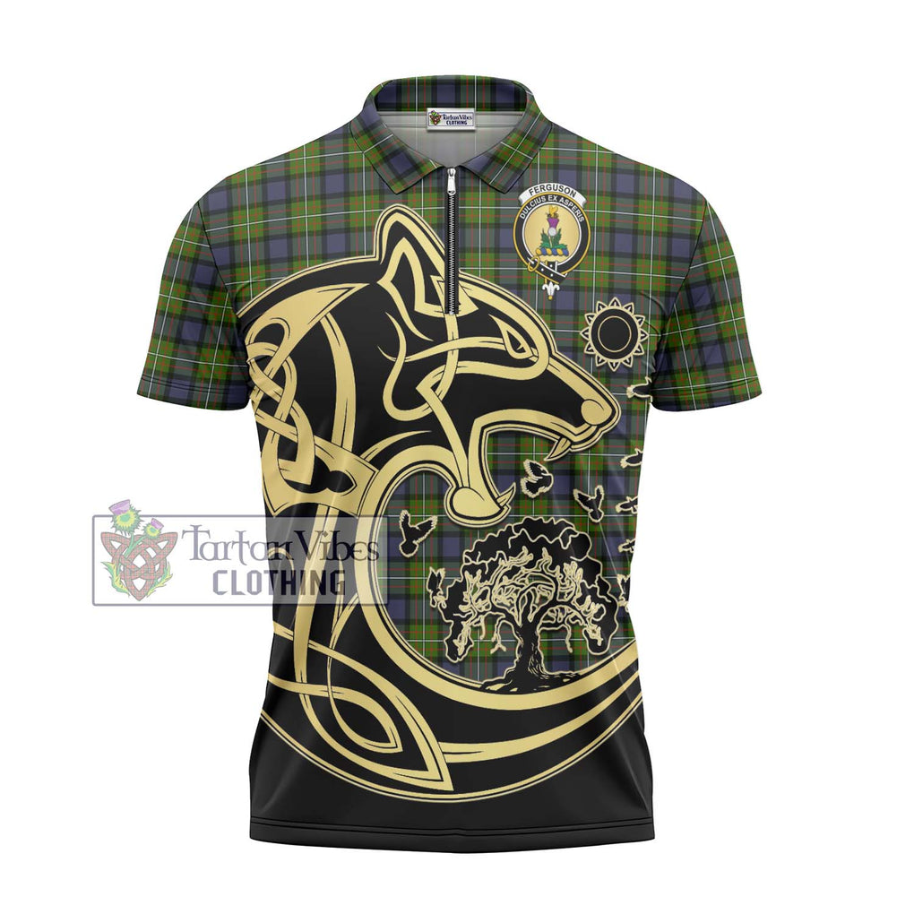 Ferguson Modern Tartan Zipper Polo Shirt with Family Crest Celtic Wolf Style - Tartanvibesclothing Shop