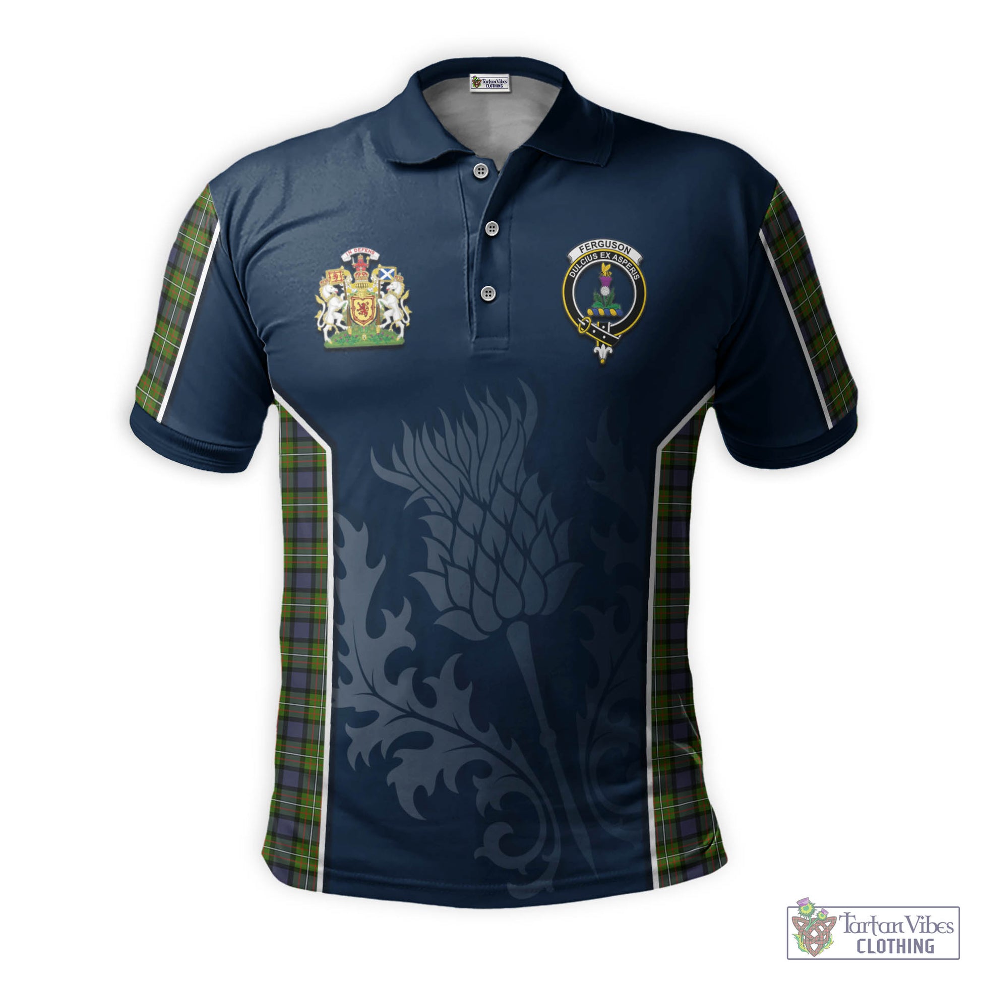 Tartan Vibes Clothing Ferguson Modern Tartan Men's Polo Shirt with Family Crest and Scottish Thistle Vibes Sport Style