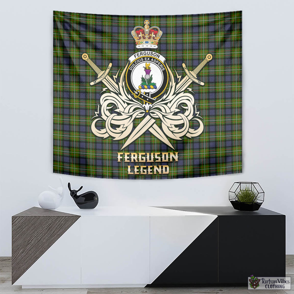 Tartan Vibes Clothing Ferguson Modern Tartan Tapestry with Clan Crest and the Golden Sword of Courageous Legacy