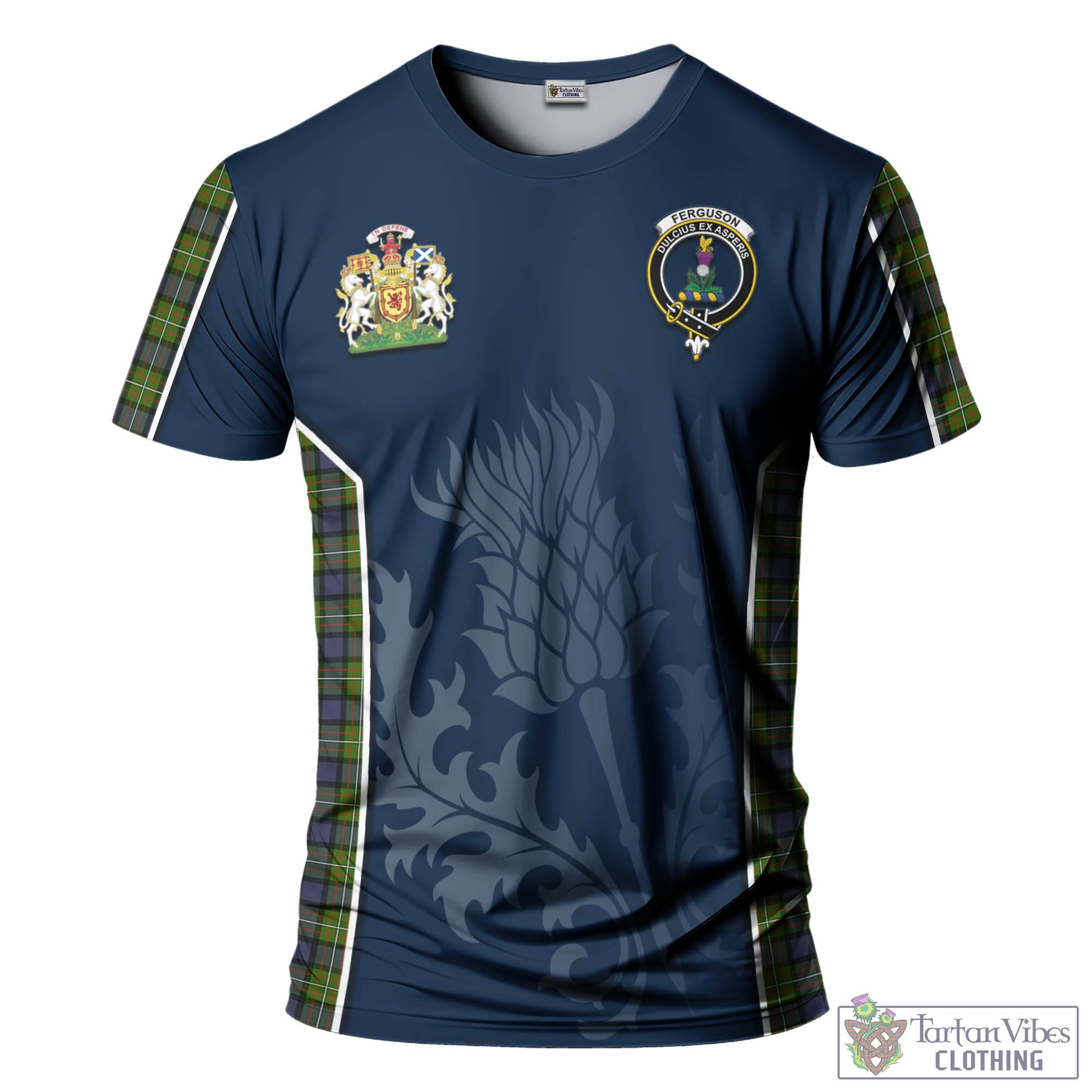 Tartan Vibes Clothing Ferguson Modern Tartan T-Shirt with Family Crest and Scottish Thistle Vibes Sport Style