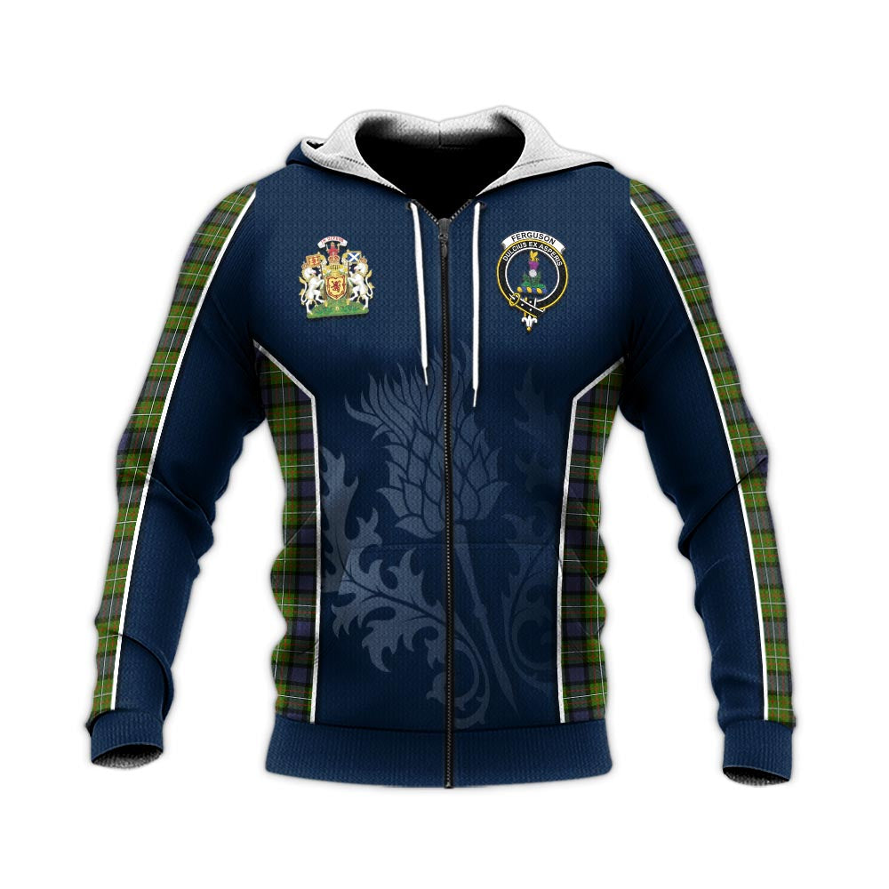 Tartan Vibes Clothing Ferguson Modern Tartan Knitted Hoodie with Family Crest and Scottish Thistle Vibes Sport Style