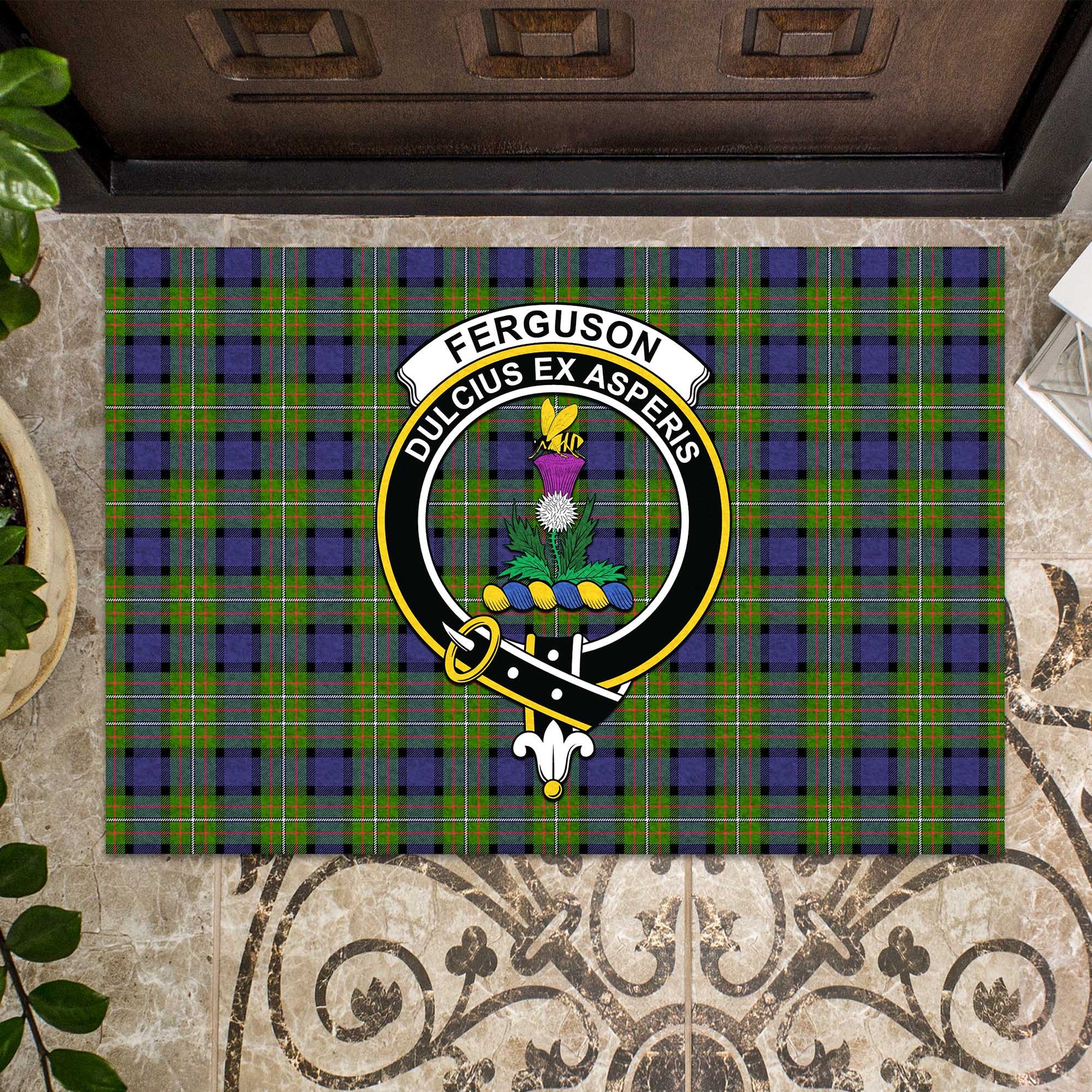 Ferguson Modern Tartan Door Mat with Family Crest - Tartanvibesclothing