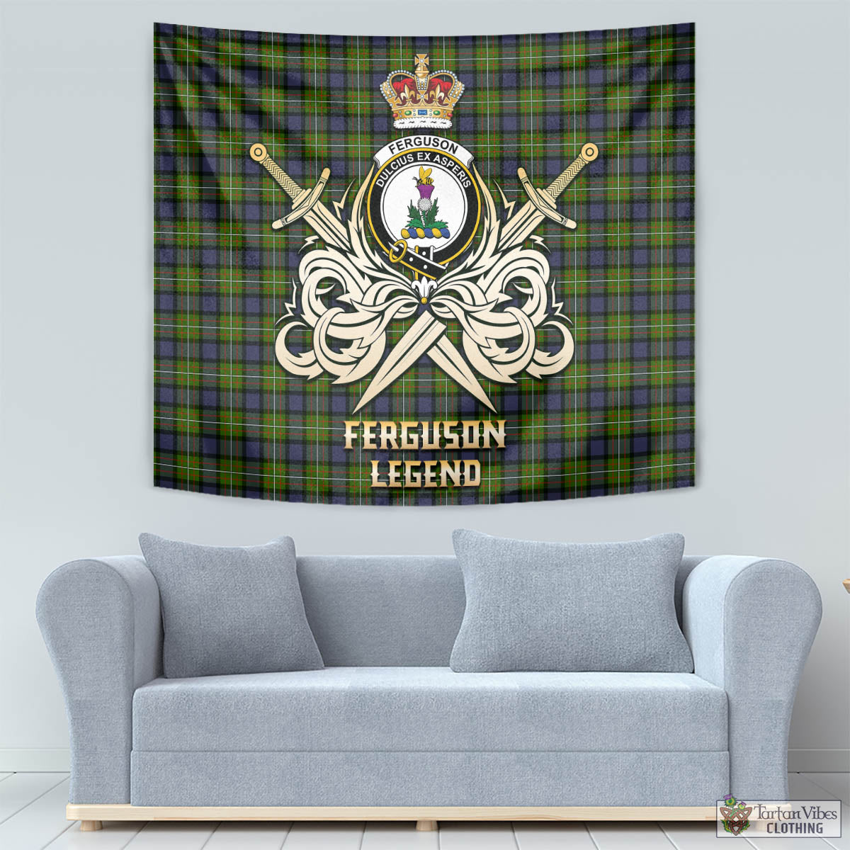 Tartan Vibes Clothing Ferguson Modern Tartan Tapestry with Clan Crest and the Golden Sword of Courageous Legacy