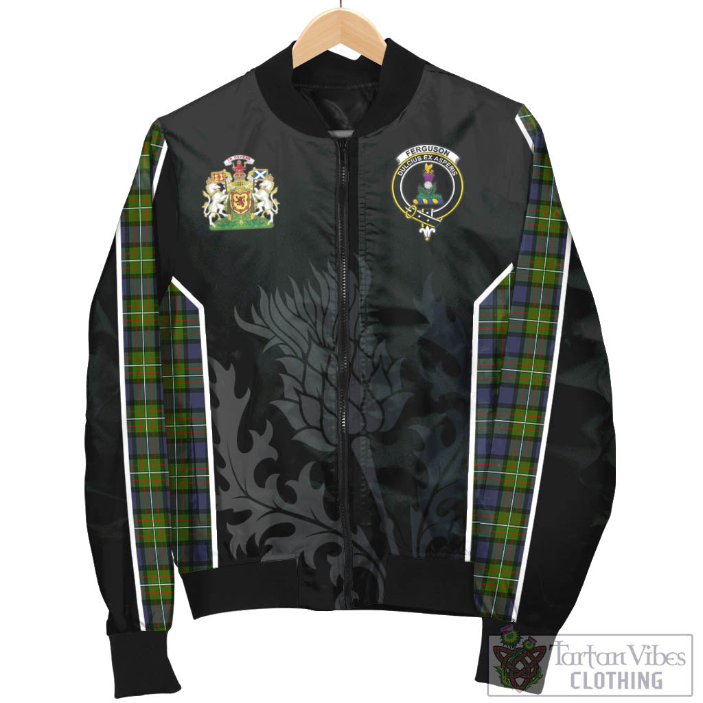 Tartan Vibes Clothing Ferguson Modern Tartan Bomber Jacket with Family Crest and Scottish Thistle Vibes Sport Style