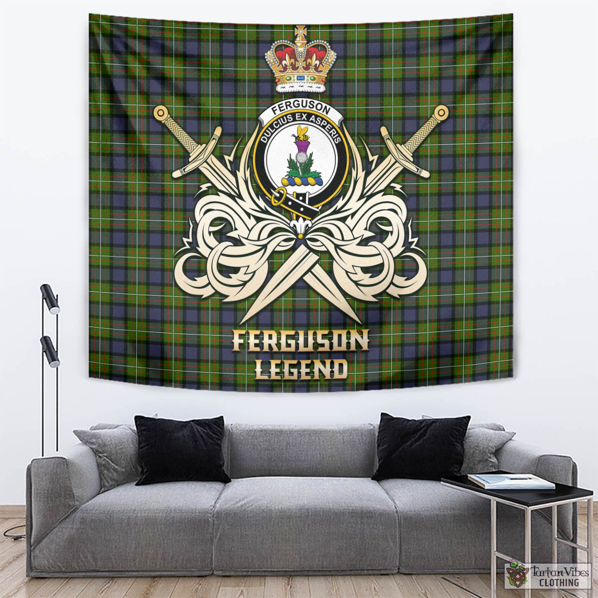 Tartan Vibes Clothing Ferguson Modern Tartan Tapestry with Clan Crest and the Golden Sword of Courageous Legacy