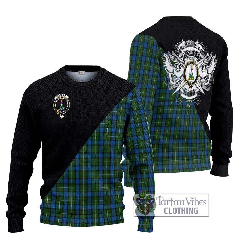 Ferguson of Atholl Tartan Knitted Sweater with Family Crest and Military Logo Style Unisex - Tartanvibesclothing Shop