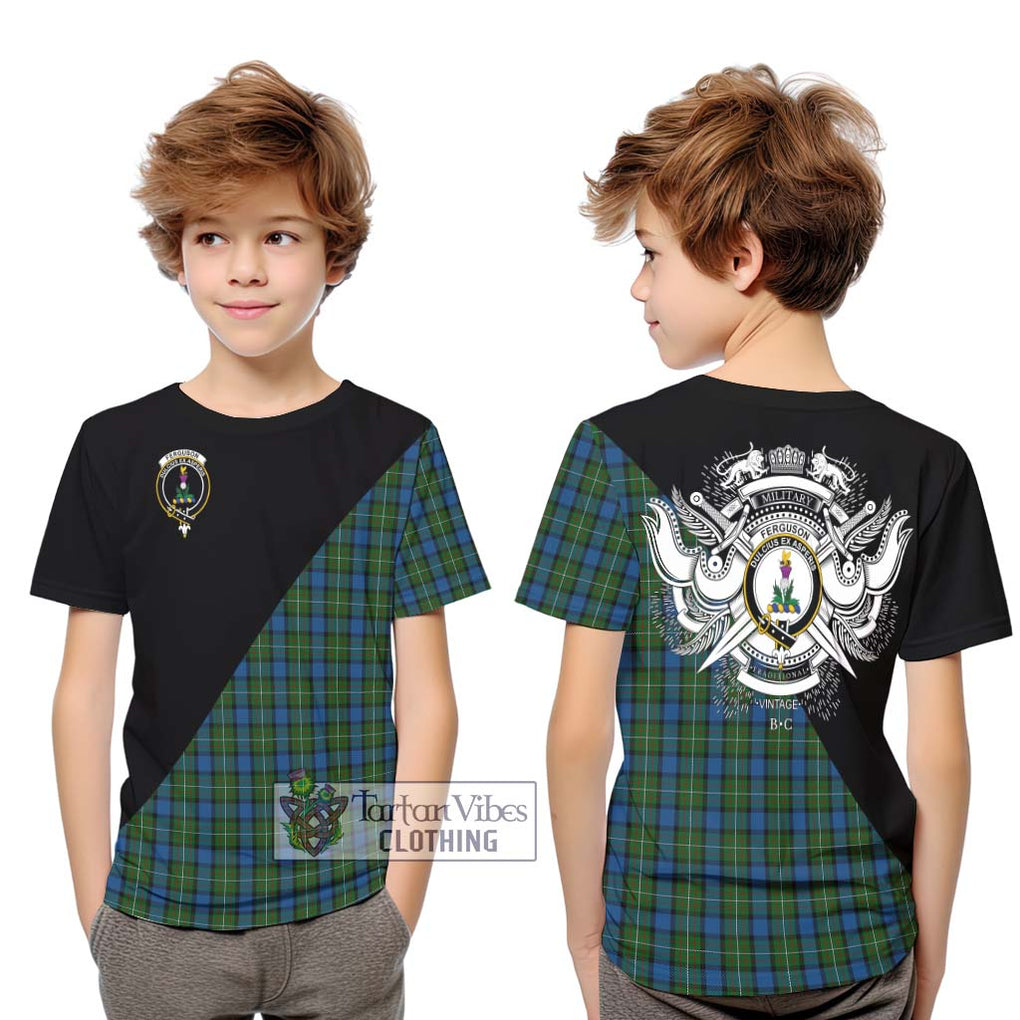 Ferguson of Atholl Tartan Kid T-Shirt with Family Crest and Military Logo Style Youth XL Size14 - Tartanvibesclothing Shop