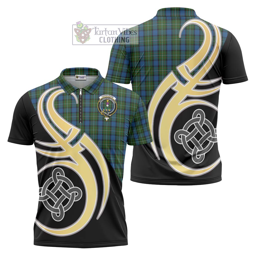 Tartan Vibes Clothing Ferguson of Atholl Tartan Zipper Polo Shirt with Family Crest and Celtic Symbol Style