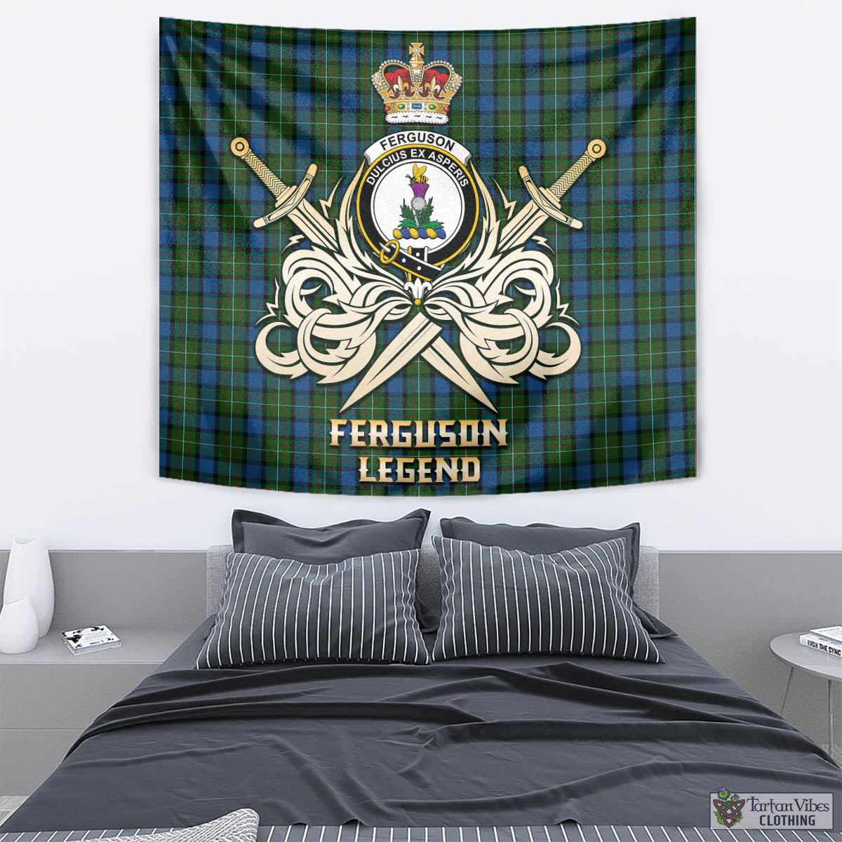 Tartan Vibes Clothing Ferguson of Atholl Tartan Tapestry with Clan Crest and the Golden Sword of Courageous Legacy