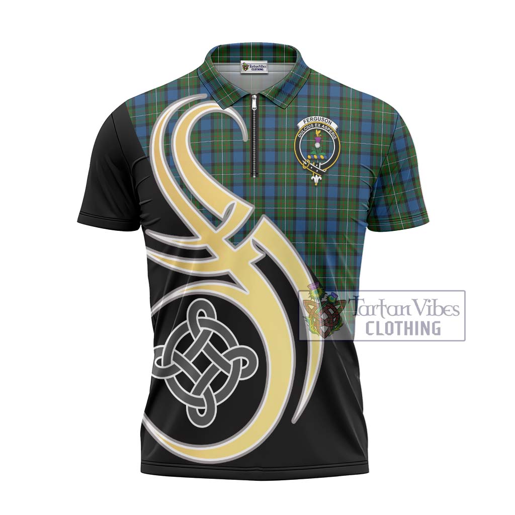 Tartan Vibes Clothing Ferguson of Atholl Tartan Zipper Polo Shirt with Family Crest and Celtic Symbol Style