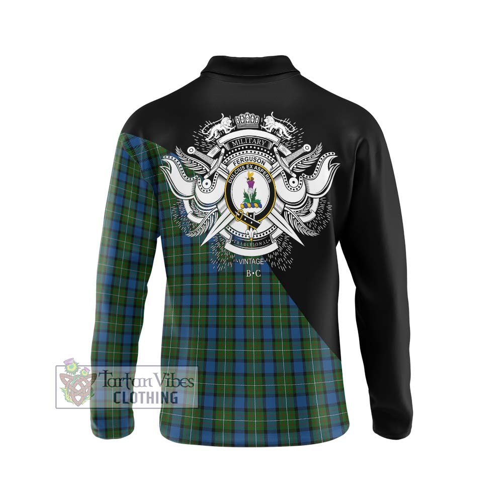 Ferguson of Atholl Tartan Long Sleeve Polo Shirt with Family Crest and Military Logo Style - Tartanvibesclothing Shop