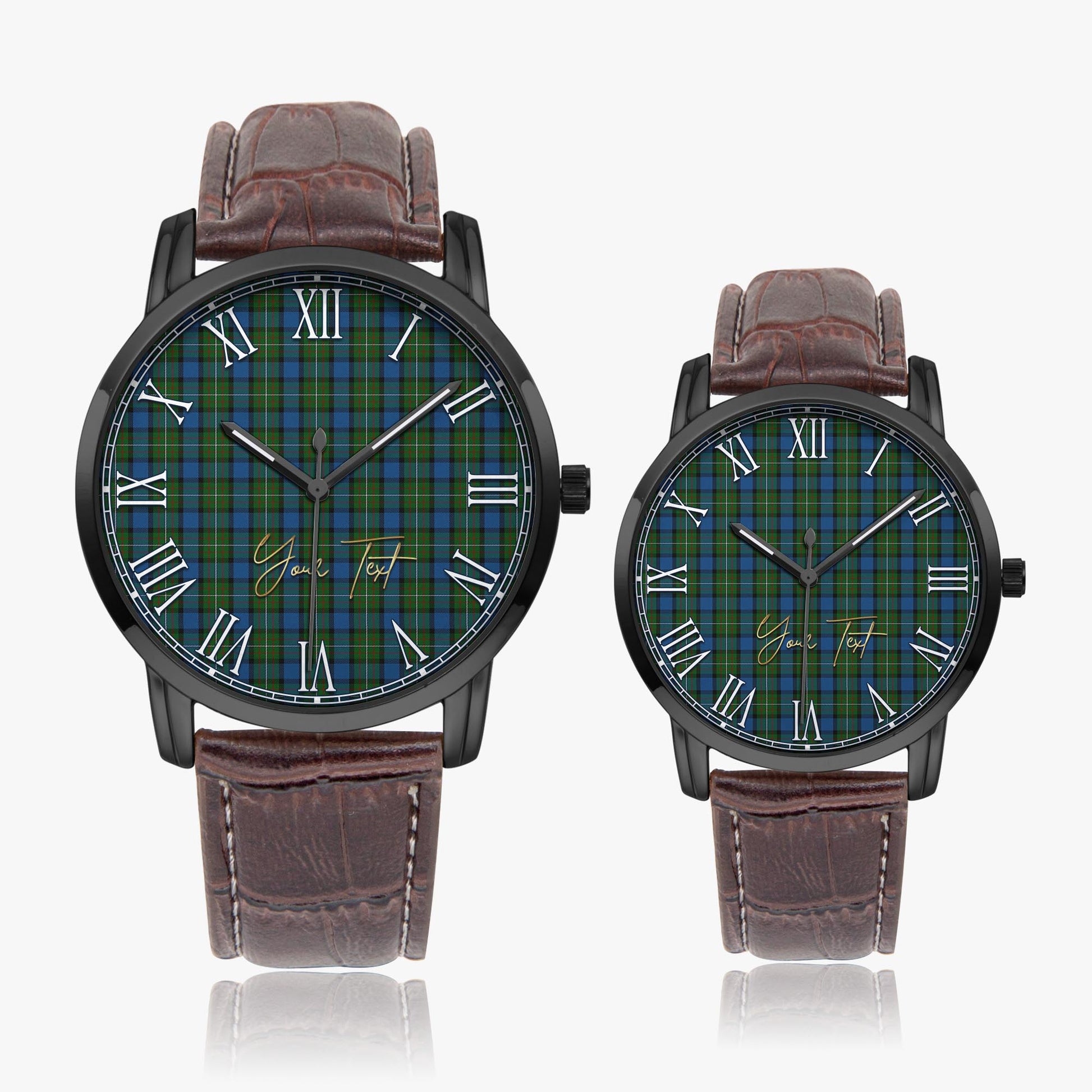 Ferguson of Atholl Tartan Personalized Your Text Leather Trap Quartz Watch Wide Type Black Case With Brown Leather Strap - Tartanvibesclothing