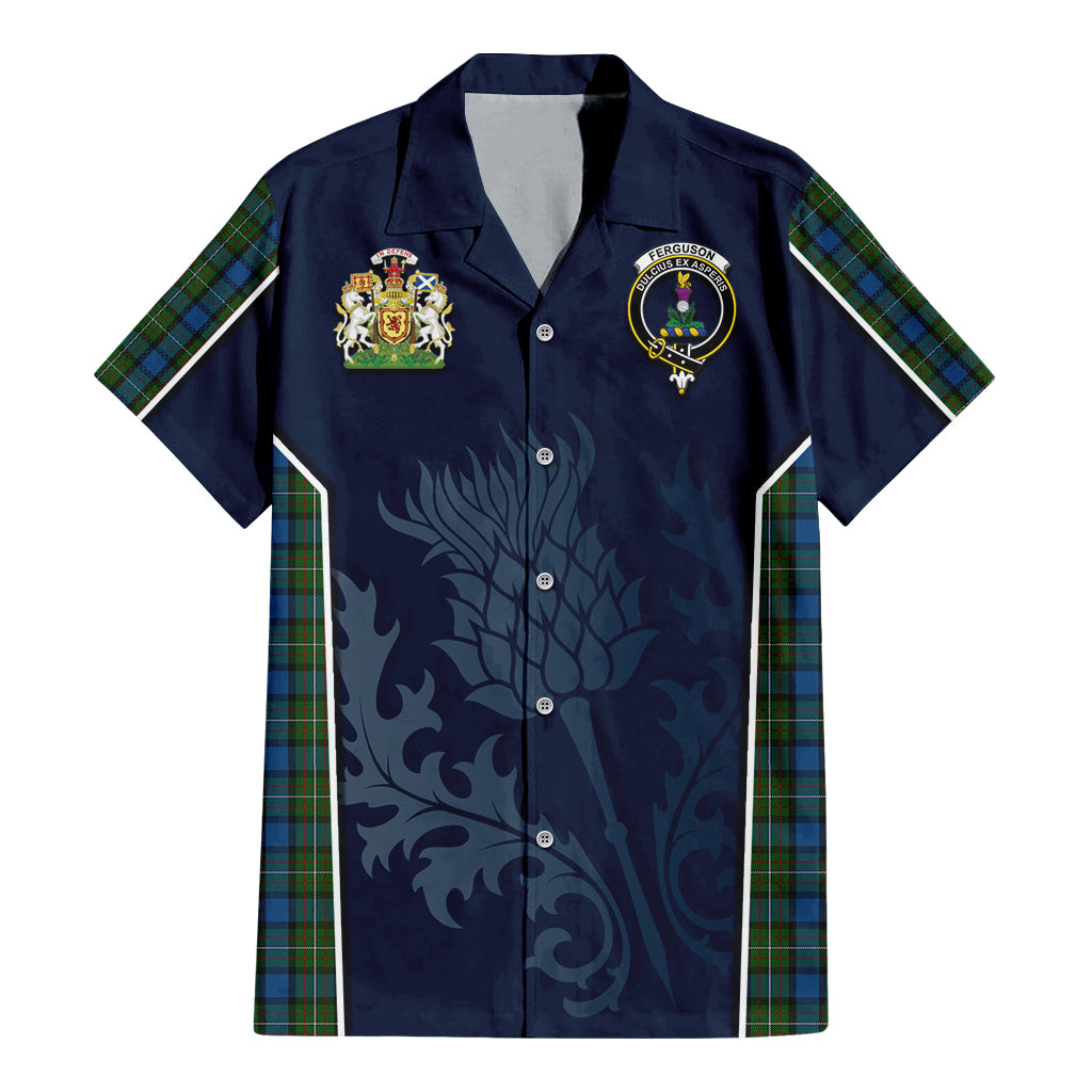 Tartan Vibes Clothing Ferguson of Atholl Tartan Short Sleeve Button Up Shirt with Family Crest and Scottish Thistle Vibes Sport Style