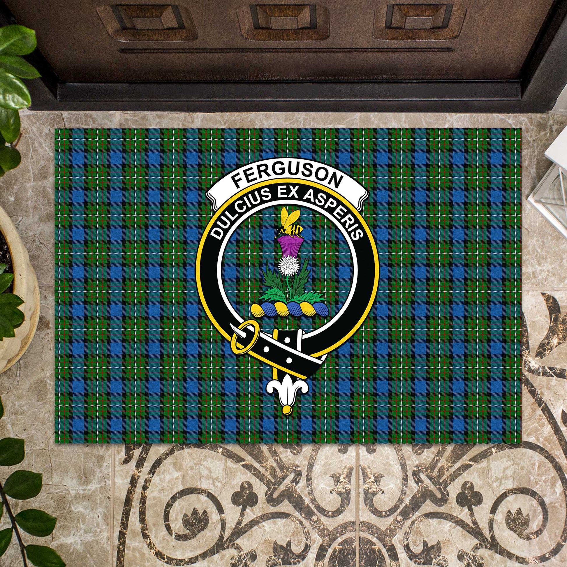 Ferguson of Atholl Tartan Door Mat with Family Crest - Tartanvibesclothing