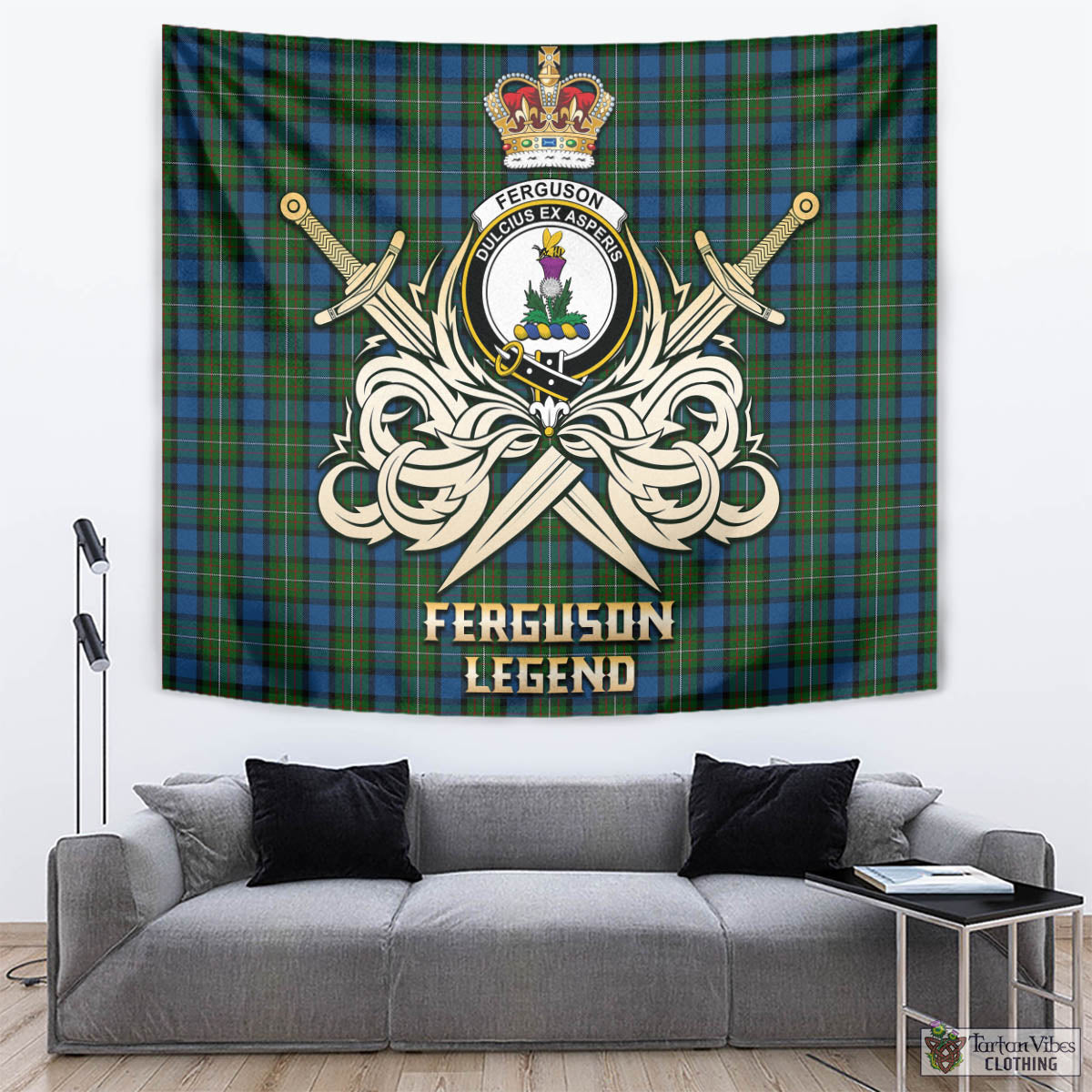 Tartan Vibes Clothing Ferguson of Atholl Tartan Tapestry with Clan Crest and the Golden Sword of Courageous Legacy