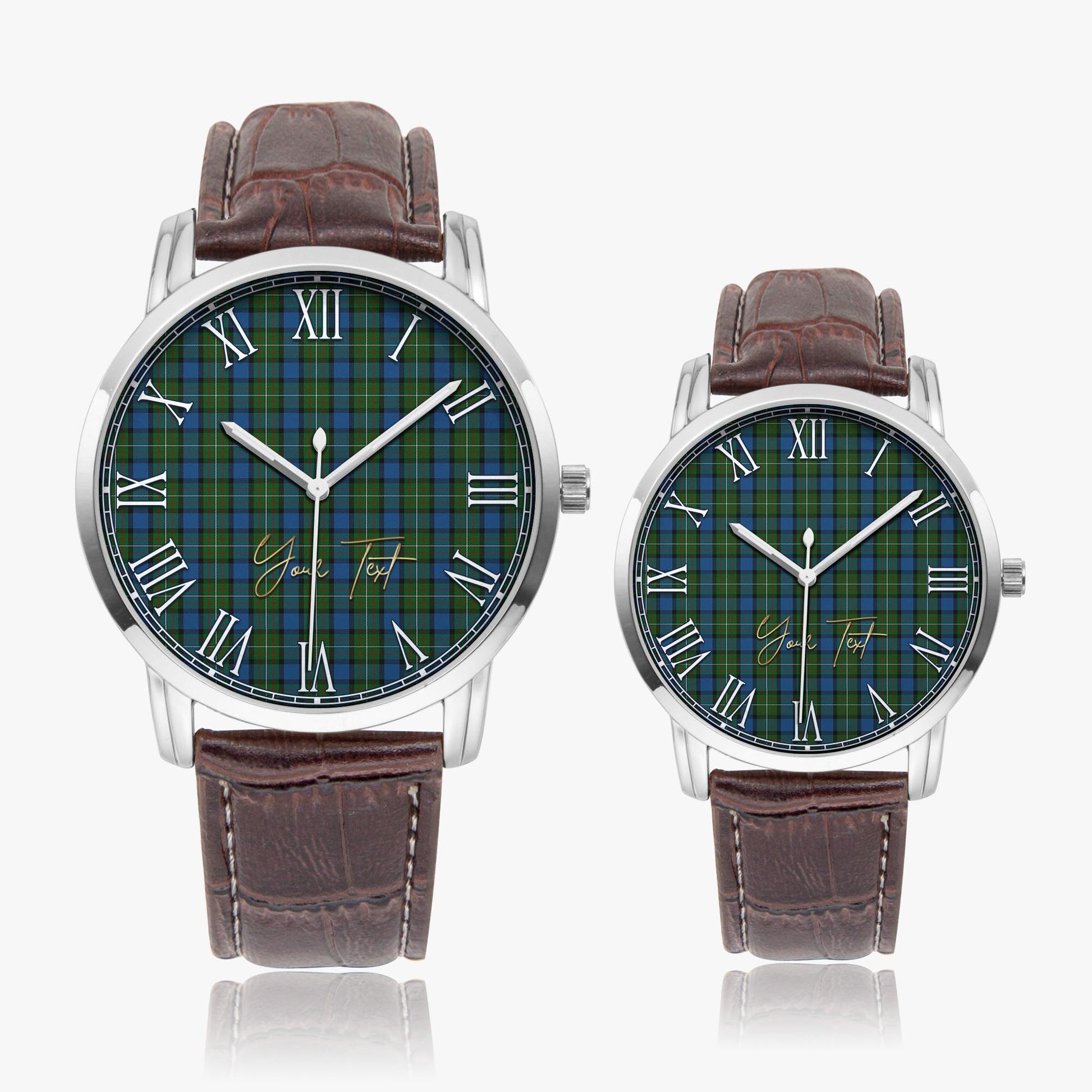 Ferguson of Atholl Tartan Personalized Your Text Leather Trap Quartz Watch Wide Type Silver Case With Brown Leather Strap - Tartanvibesclothing