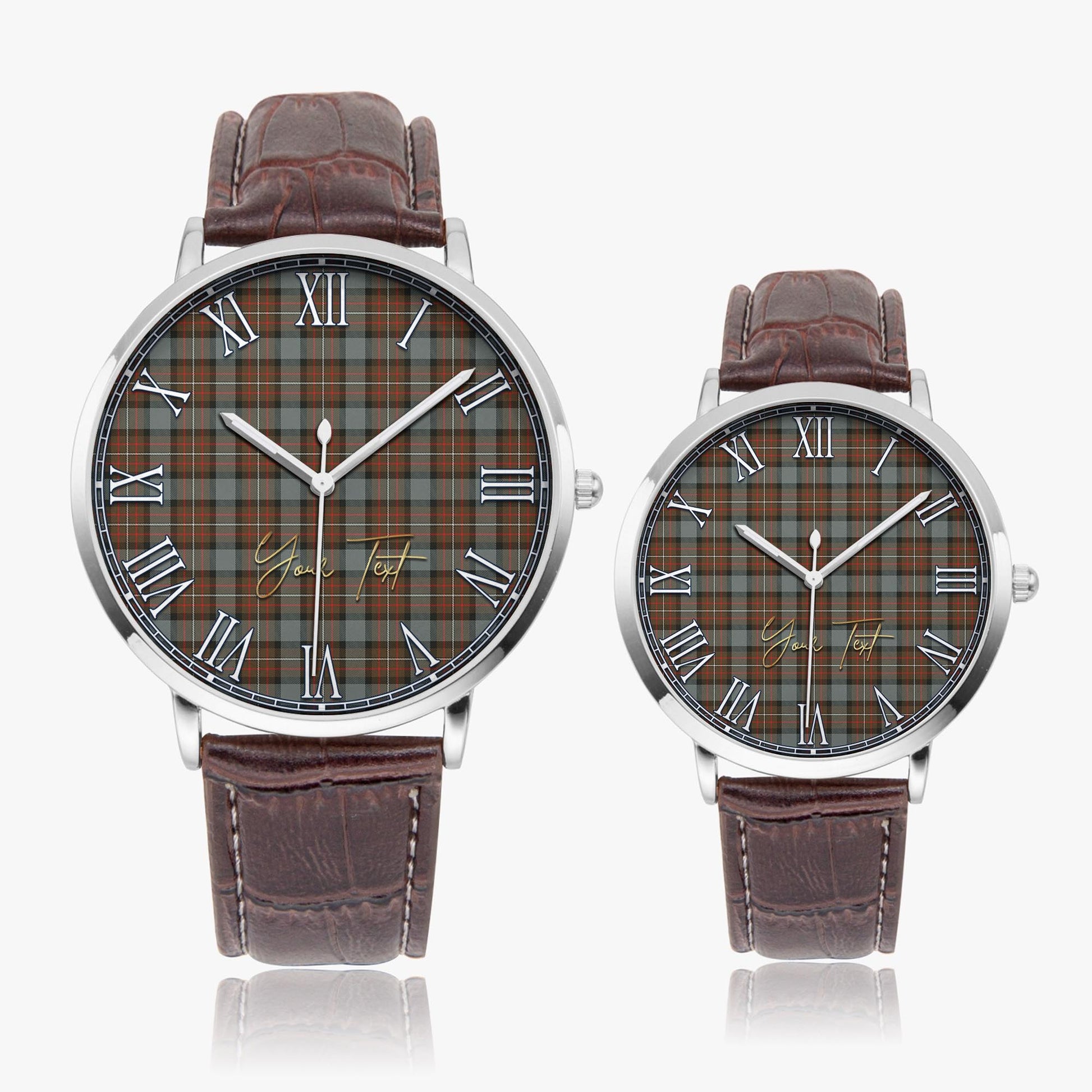 Ferguson Weathered Tartan Personalized Your Text Leather Trap Quartz Watch Ultra Thin Silver Case With Brown Leather Strap - Tartanvibesclothing