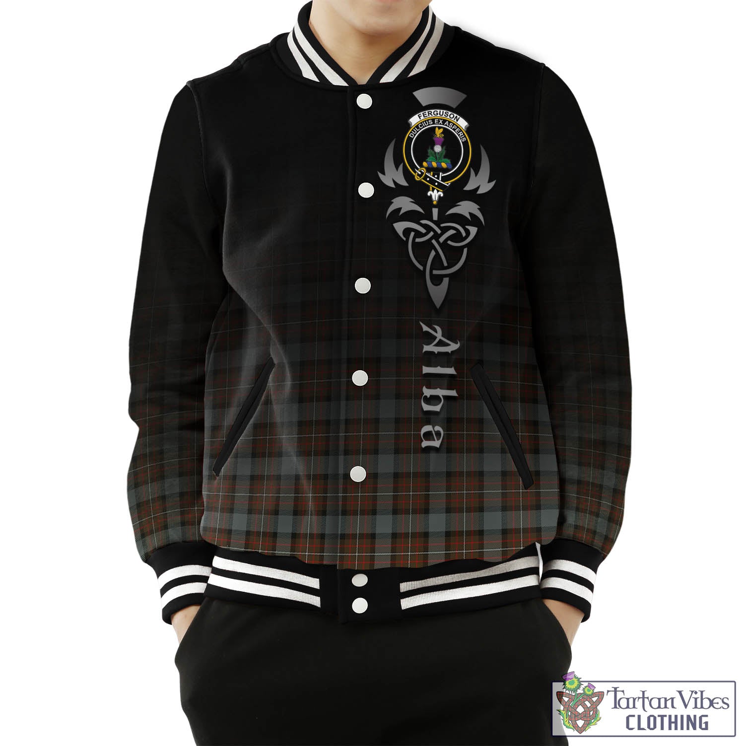 Tartan Vibes Clothing Ferguson Weathered Tartan Baseball Jacket Featuring Alba Gu Brath Family Crest Celtic Inspired