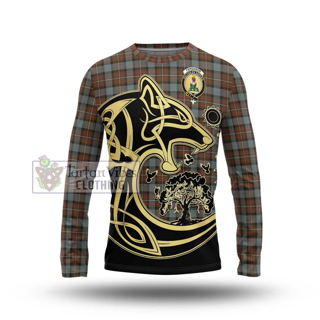 Ferguson Weathered Tartan Long Sleeve T-Shirt with Family Crest Celtic Wolf Style Unisex - Tartan Vibes Clothing