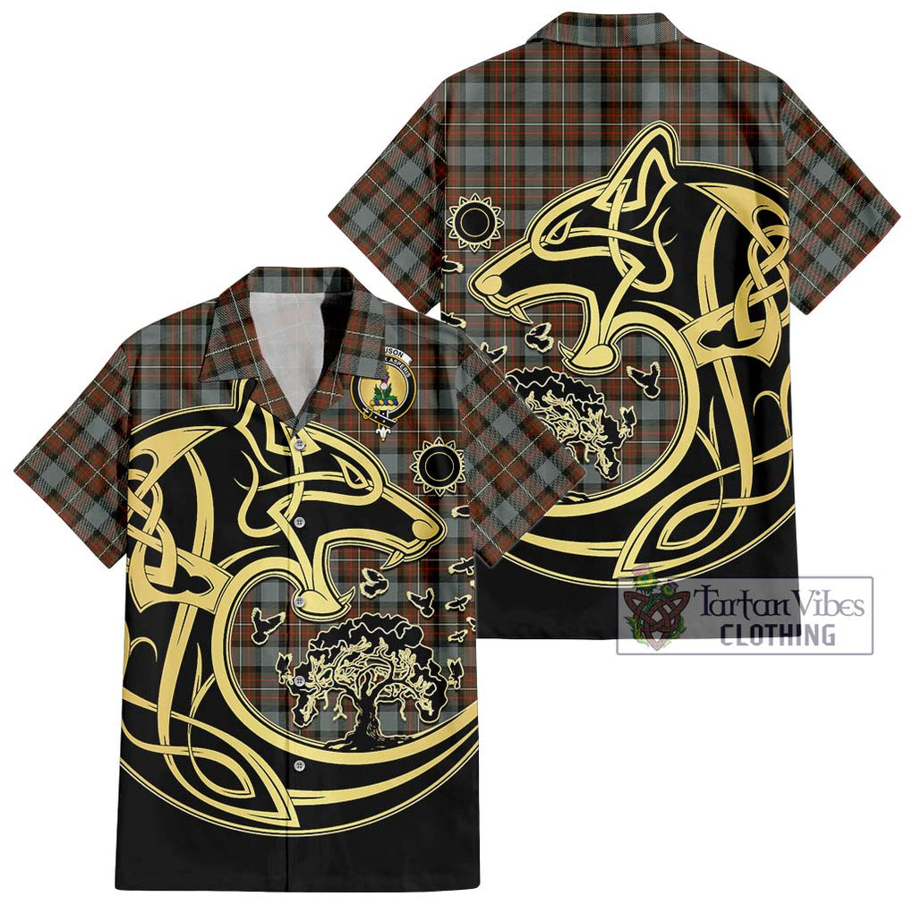 Ferguson Weathered Tartan Short Sleeve Button Shirt with Family Crest Celtic Wolf Style Kid - Tartan Vibes Clothing