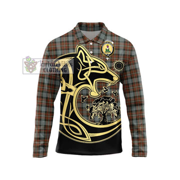 Ferguson Weathered Tartan Long Sleeve Polo Shirt with Family Crest Celtic Wolf Style