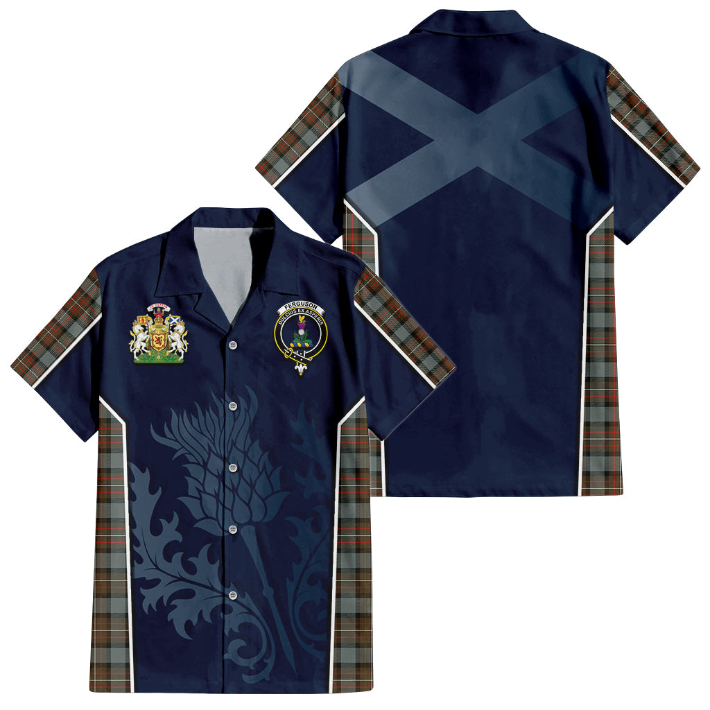 Tartan Vibes Clothing Ferguson Weathered Tartan Short Sleeve Button Up Shirt with Family Crest and Scottish Thistle Vibes Sport Style