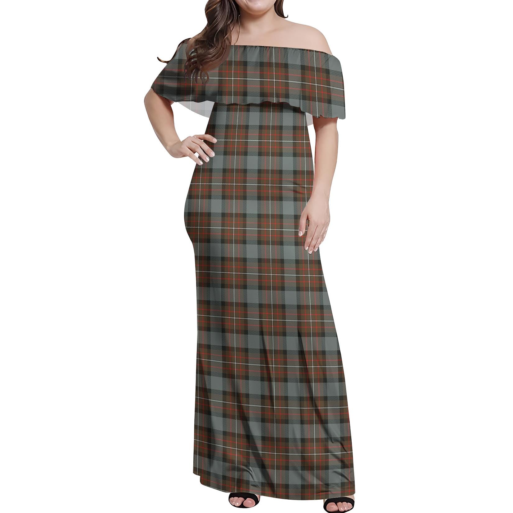 Ferguson Weathered Tartan Off Shoulder Long Dress Women's Dress - Tartanvibesclothing