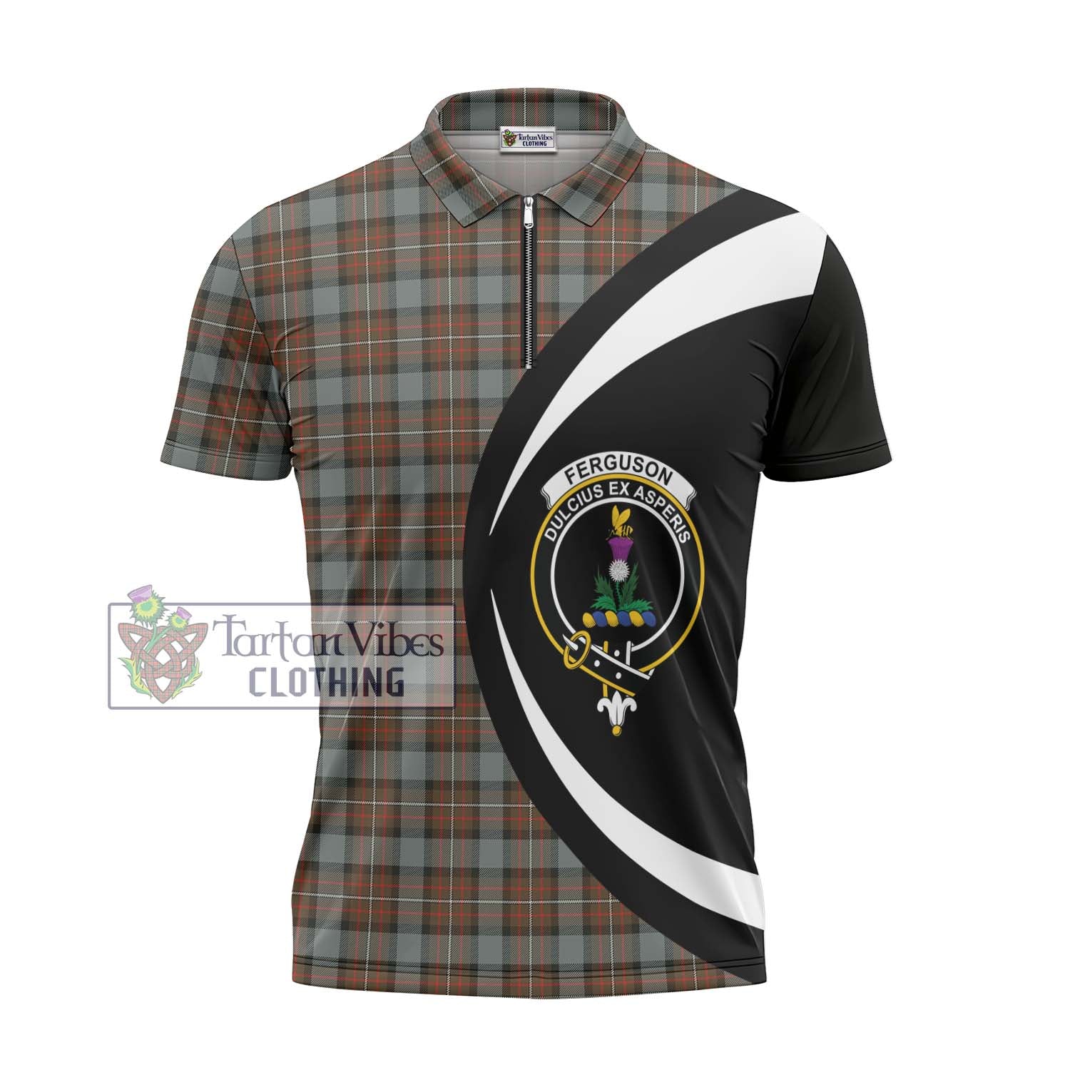 Tartan Vibes Clothing Ferguson Weathered Tartan Zipper Polo Shirt with Family Crest Circle Style