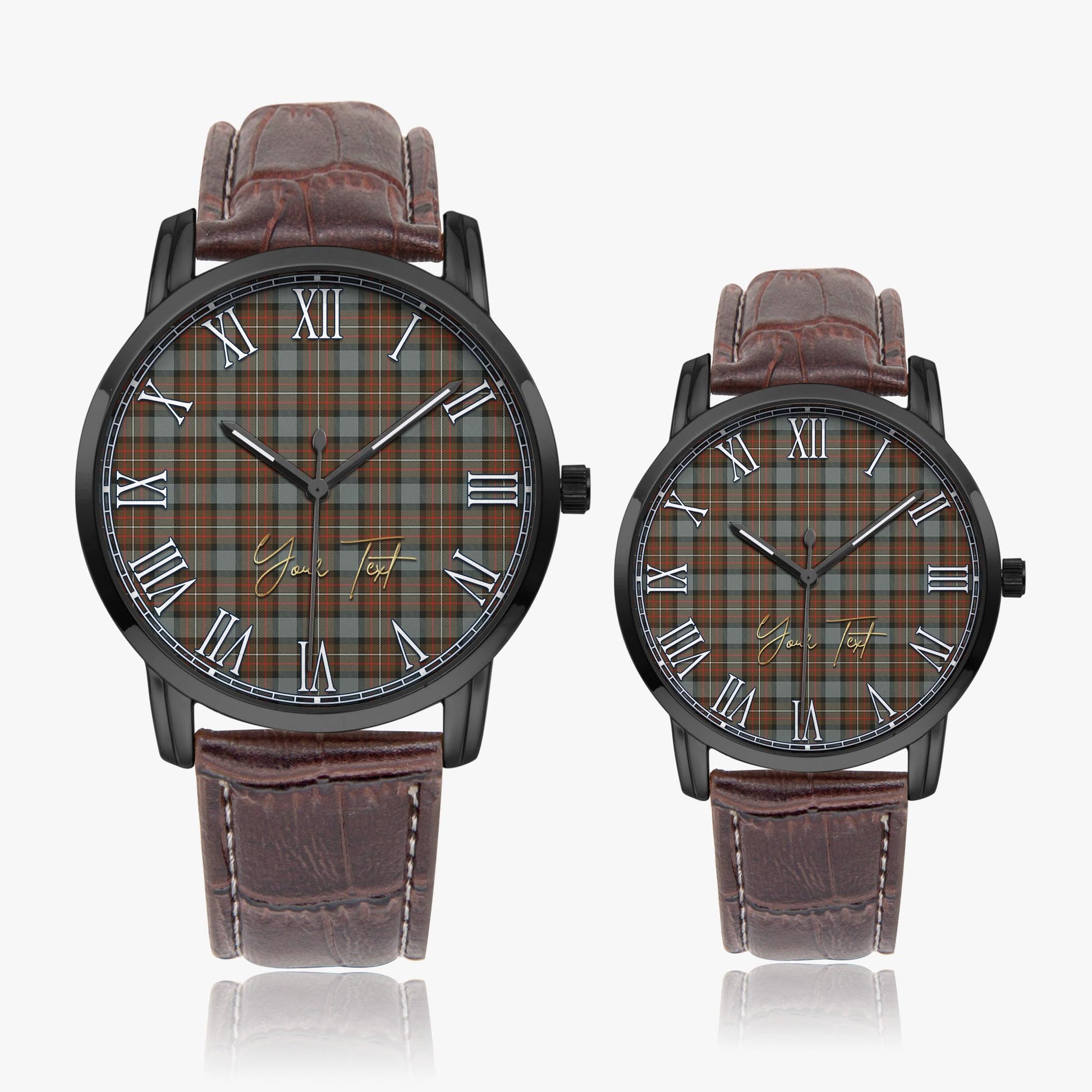 Ferguson Weathered Tartan Personalized Your Text Leather Trap Quartz Watch Wide Type Black Case With Brown Leather Strap - Tartanvibesclothing