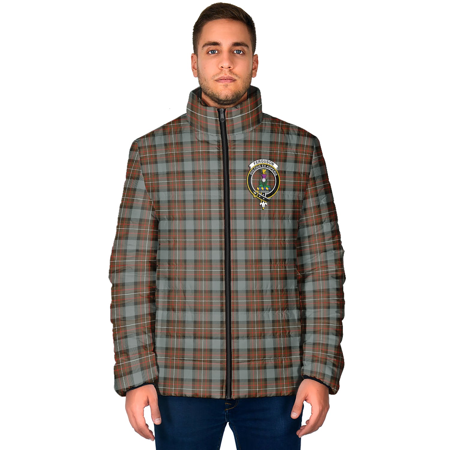 Ferguson Weathered Tartan Padded Jacket with Family Crest - Tartan Vibes Clothing