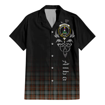 Ferguson Weathered Tartan Short Sleeve Button Up Shirt Featuring Alba Gu Brath Family Crest Celtic Inspired