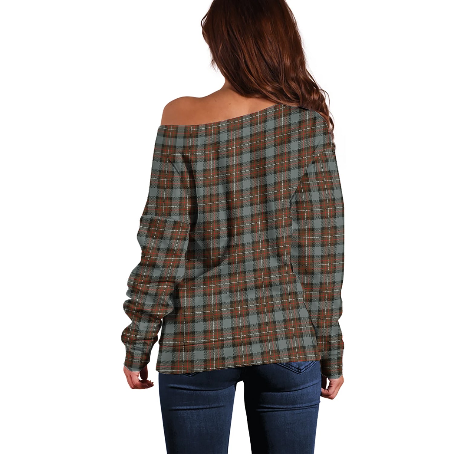 Ferguson Weathered Tartan Off Shoulder Women Sweater with Family Crest - Tartanvibesclothing