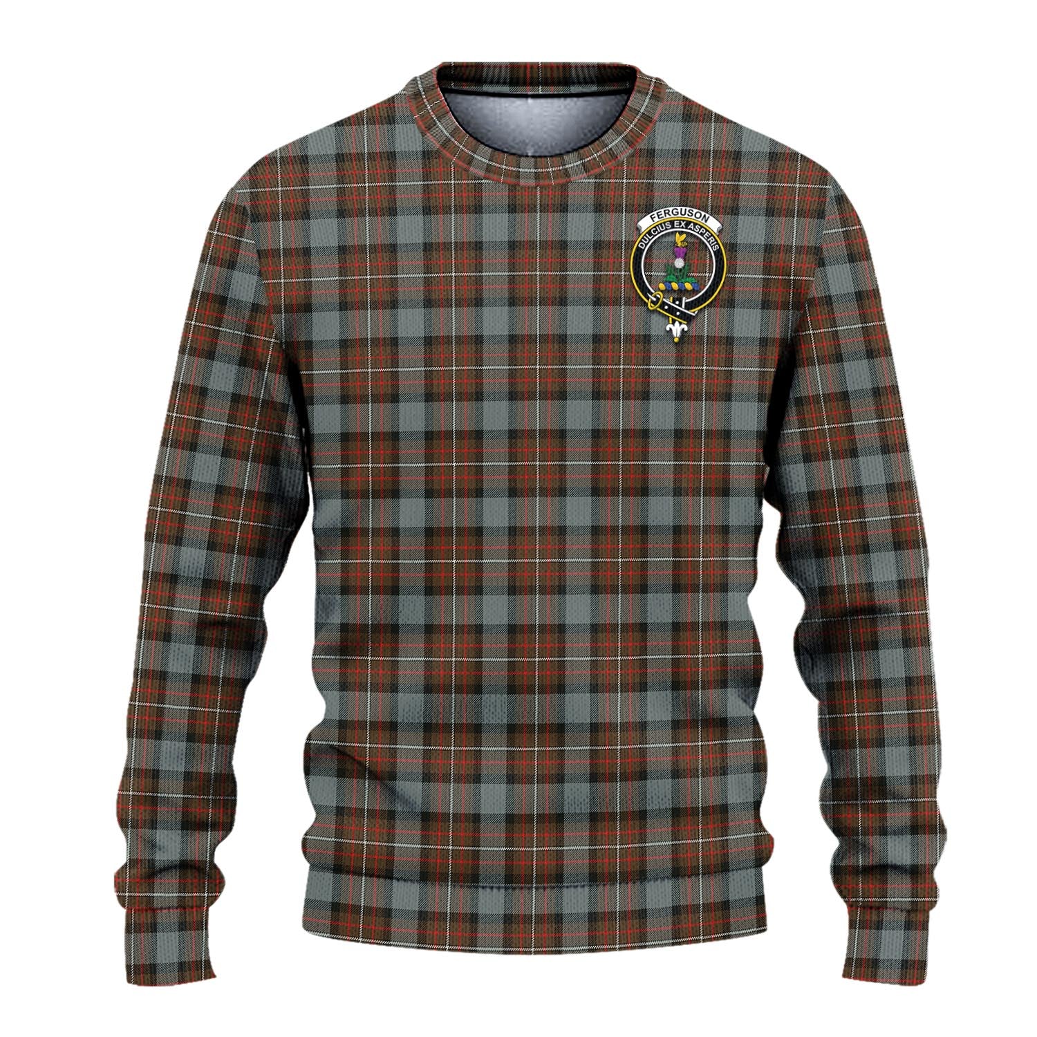 Ferguson Weathered Tartan Knitted Sweater with Family Crest - Tartanvibesclothing