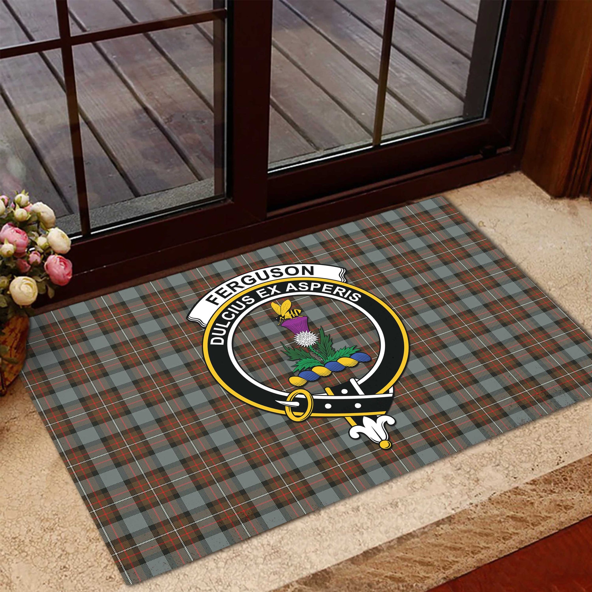 Ferguson Weathered Tartan Door Mat with Family Crest - Tartanvibesclothing