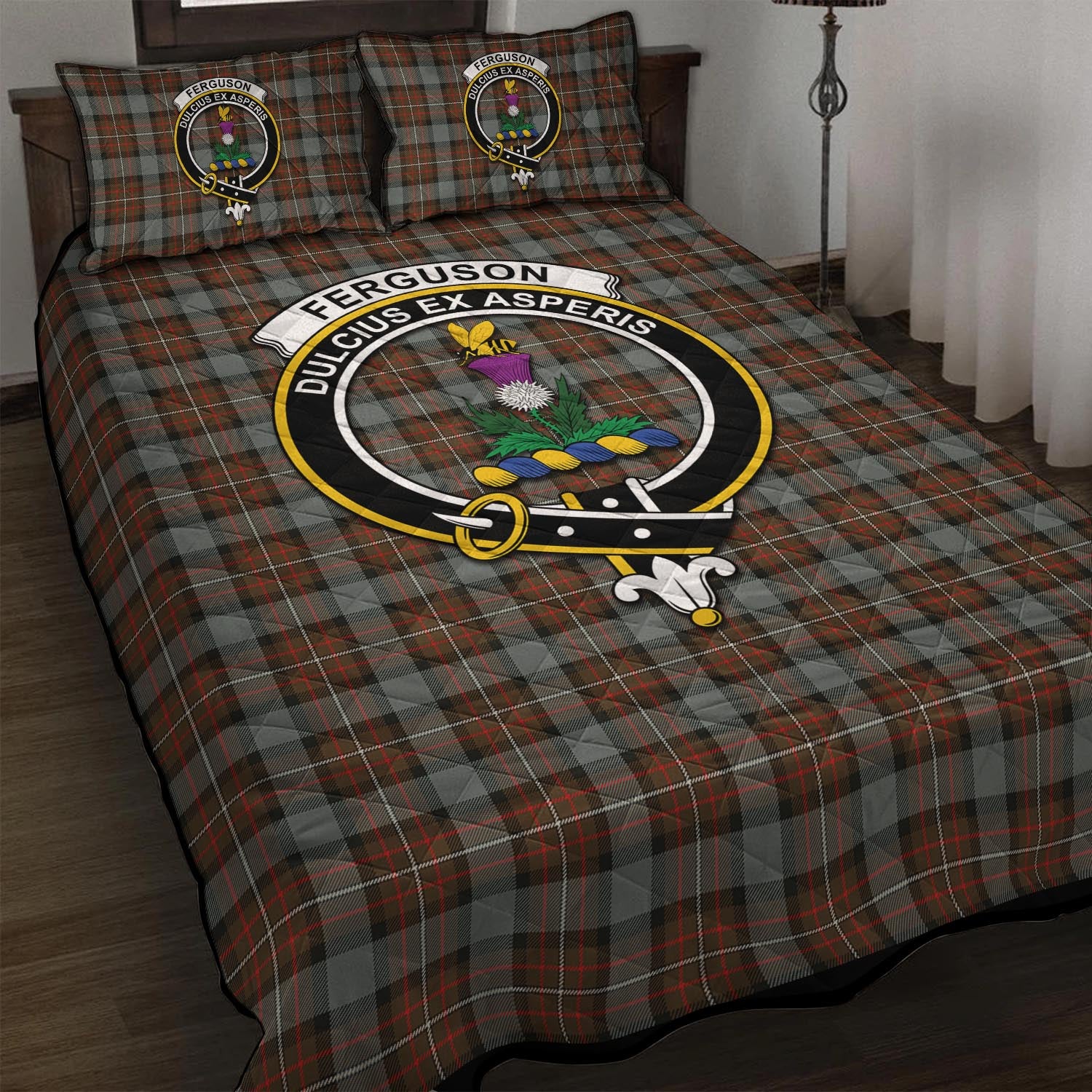 Ferguson Weathered Tartan Quilt Bed Set with Family Crest - Tartan Vibes Clothing