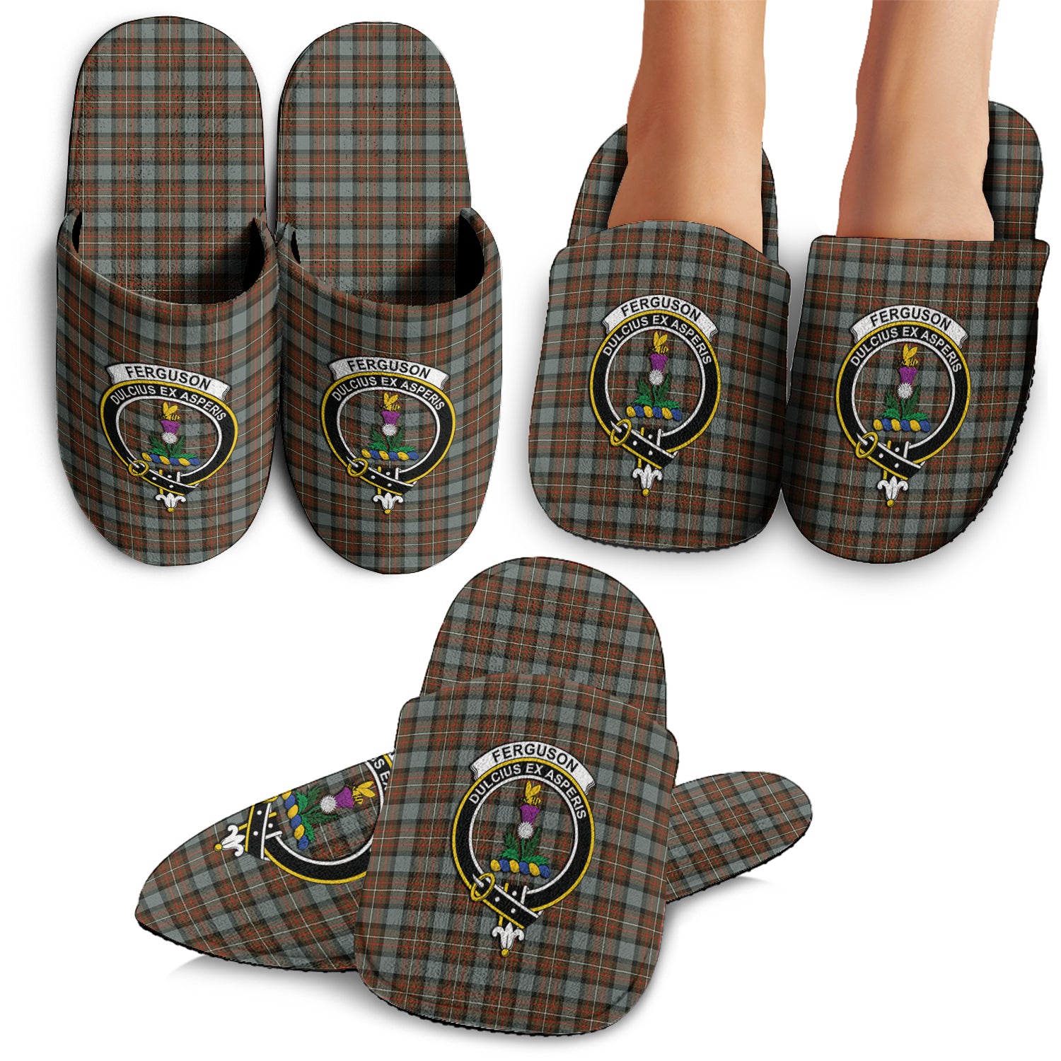 Ferguson Weathered Tartan Home Slippers with Family Crest - Tartanvibesclothing